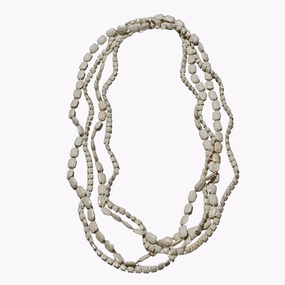 White Beaded 2 Strand Necklace Shell Beads Knotted 22 inch Long Costume Jewelry - Picture 1 of 5
